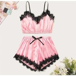 Chic Noir Elegance: Black Lace & Pink Silk Lingerie Pajama Shorts Set -XL